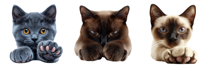 Playful cat paw reaching out for feline product label concept. Three adorable cats with distinct fur colors and patterns, showcasing their playful paws in a charming pose
