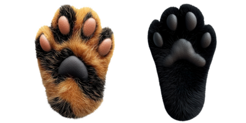 Playful cat paw reaching out for feline product label concept. Two distinct animal paw prints showcasing different fur textures and colors, highlighting their unique features