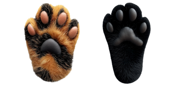 Playful cat paw reaching out for feline product label concept. Two distinct animal paw prints showcasing different fur textures and colors, highlighting their unique features