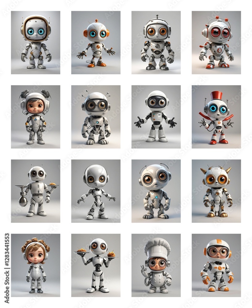 Poster Sixteen unique robots are arranged in a grid, each with distinct styles and designs. Some are humanoid, others mechanical, all on a clean white backdrop.
