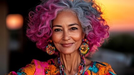 Naklejka premium Woman with pink hair and colorful earrings is smiling. She is wearing a colorful dress and necklace