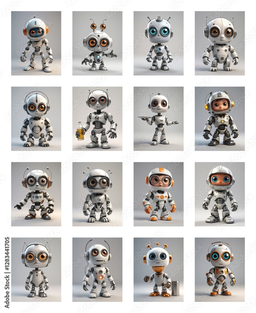 Poster sixteen cartoon robots with diverse designs and poses are arranged in a grid against a plain backdro