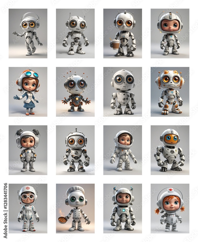 Poster a grid showcases diverse cartoon robots. some have human-like features, pilot helmets, and playful p