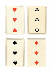 Four antique playing cards of the same value on a white background.