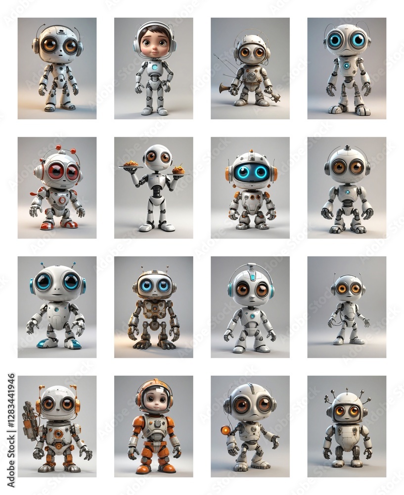 Poster a grid of sixteen charming, small robots in various poses, each with unique designs and features, al