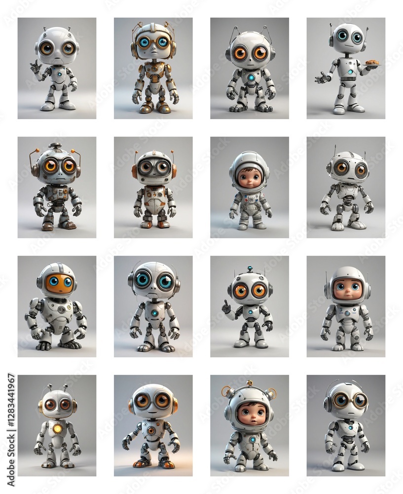 Poster various cute cartoon robots with different designs and poses stand against a plain gray background. 