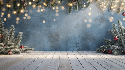 Snowy Christmas backdrop with frosted branches and festive lights