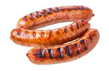 Two grilled sausages are isolated against a transparent background, appearing savory and appetizing.