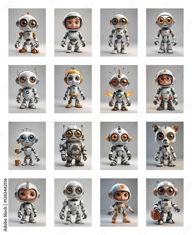 Poster Sixteen cute robot figures are arranged in a grid. They are cartoonish and diverse, each with unique shapes and features, standing against a plain backdrop.