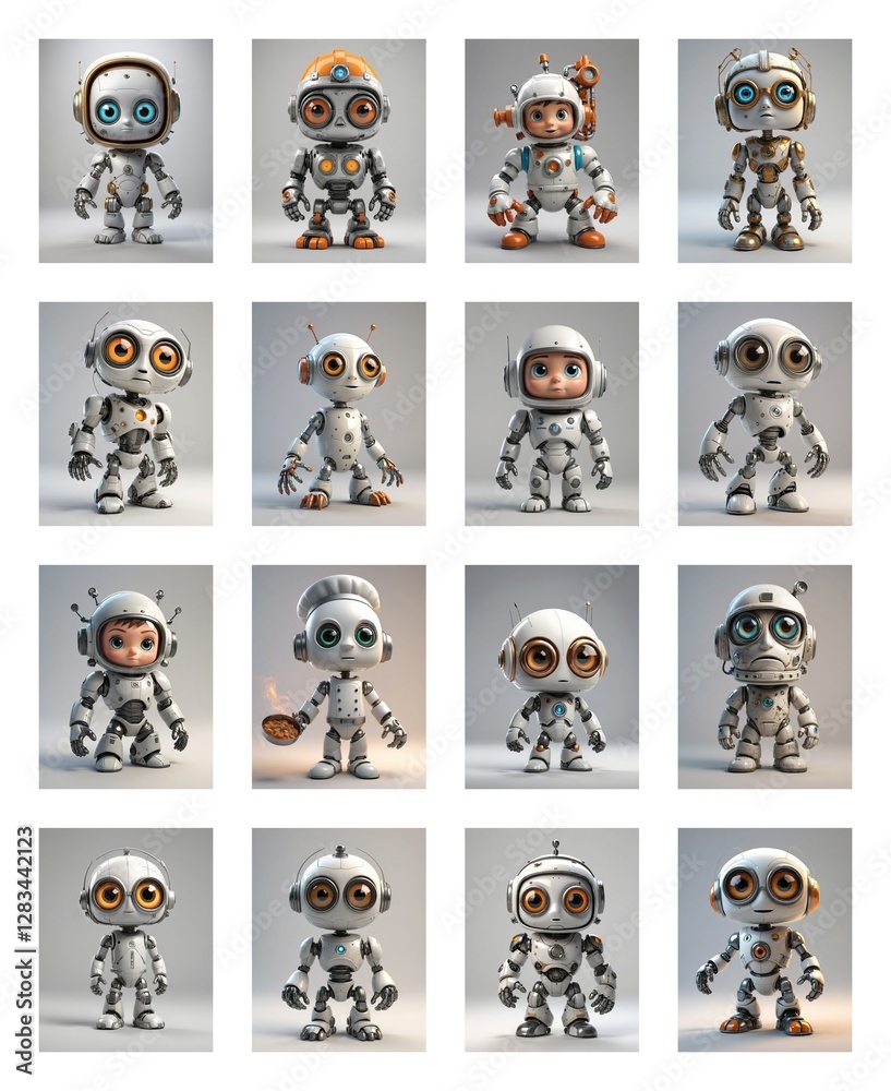 Poster collection of cartoon robots. each toy robot has a unique design with metallic white body, big expre