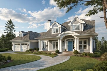 A perfect neighbourhood. Houses in suburb at Summer in the north America. Luxury houses with nice landscape