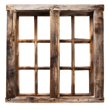 A rustic wooden window frame with glass panes isolated against a transparent background showcases its weathered look and natural textures.