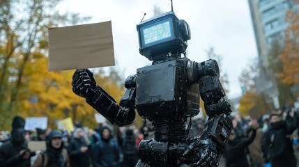 Protesters rally against artificial intelligence with a robot holding a blank sign