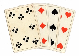 Obraz premium Four antique playing cards of the same value on a white background.