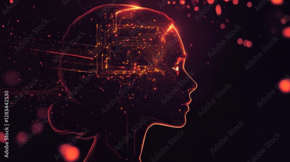 Poster Silhouette of a human head illuminated with quantum circuits showcasing advanced technology and innovation concepts. Generative AI