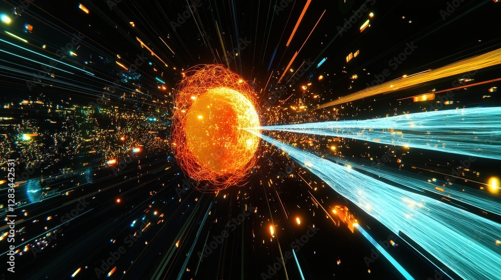 Poster a virtual reality representation of subatomic particles, with the proton labeled and highlighted