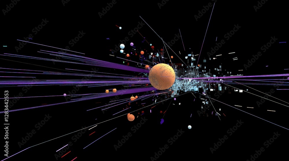 Poster a virtual reality representation of subatomic particles, with the proton labeled and highlighted