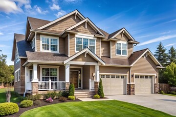 Obraz premium A perfect neighbourhood. Houses in suburb at Summer in the north America. Luxury houses with nice landscape