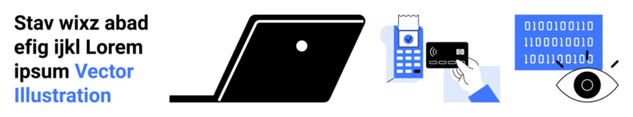 Binary codes, laptop, mobile payment via credit card, eye surveillance highlight digital safety, online transactions, and data encryption. Ideal for cybersecurity, fintech, privacy IT security