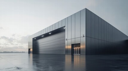 Modern Industrial Warehouse: A contemporary industrial warehouse with a reflective metallic exterior, captured in a wide shot, showcasing the architectural design and imposing structure.