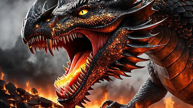 Ferocious Two-Headed Black Dragon with Fiery Eyes and Sharp Teeth Roaring in a Lava-Filled Fantasy Battle Scene


