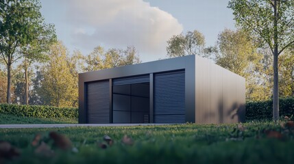 Obraz premium Modern Garage in Serene Setting: A sleek, modern garage with closed doors sits amidst lush greenery, with a tranquil atmosphere and design.