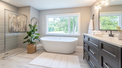 Freestanding bathtub in a minimalist bathroom, showcasing clean contemporary design and serene simplicity