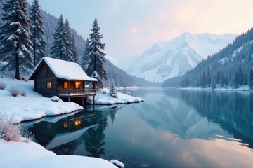 Fototapeta premium Frozen lake with a small wooden cabin in the background, serene, ice