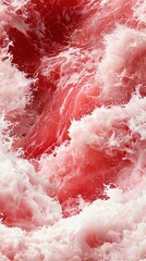   Red and white waves crashing onto a red and white surfboard in the foreground, against a backdrop of another red and white surfboard