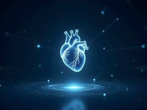 Glowing 3D heart illustration on a dark tech background with light trails. Medical concept