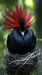 Red Crested Bird Nest in Lush Forest