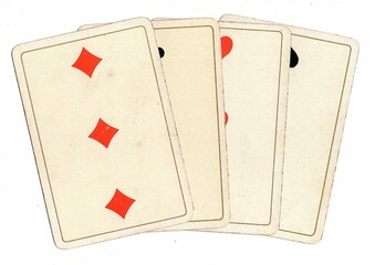Four antique playing cards of the same value on a white background.