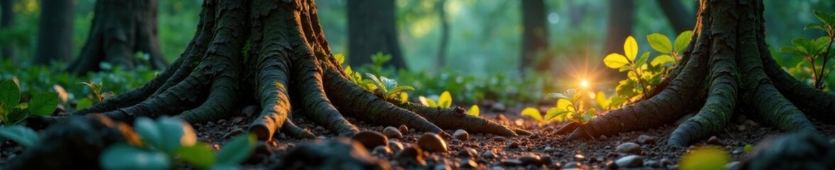 Obraz premium Earthy landscape with tree roots intertwined with glowing plant life, glow, nature, earthy