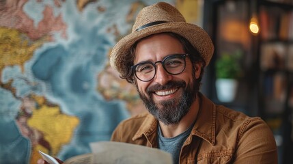 Happy travel agent booking a vacation tour .