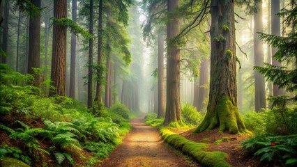 Obraz premium Overgrown forest trail leading through misty woods with ancient fir trees and vines , greenery, fir forest
