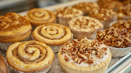 Fototapeta premium Delicious Assortment of Sweet Cinnamon Rolls and Nut Topped Desserts