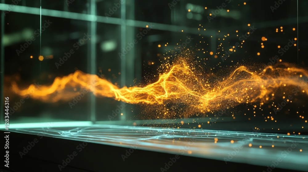 Poster a visual showing protons in a cloud chamber, tracing their paths with charged particle trails.