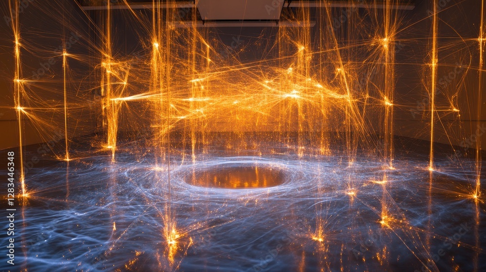Poster a visual showing protons in a cloud chamber, tracing their paths with charged particle trails.