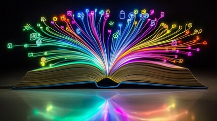 Illuminated ideas burst forth from an opened book in a dazzling display of creativity and knowledge