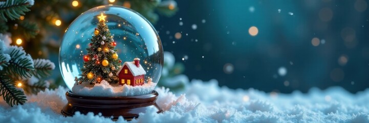 Miniature snowy village scene inside a beautifully crafted snow globe featuring a sparkling Christmas tree, forest, snow-covered trees