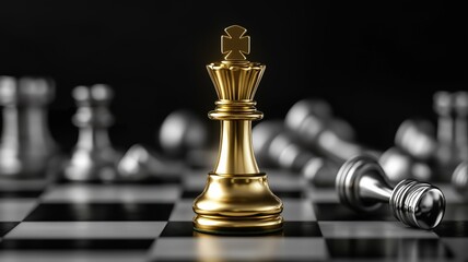 chessboard with one gold and one silver king piece standing on top of the other pieces