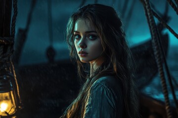 Young woman stands on a ship at night under a moody sky with lantern light illuminating her features