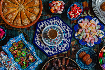 Turkish Coffee in the Colorful Eid Candy and Chocolate, Traditional Ottoman Cuisine Desserts, Turkish Delight and Baklava Photo, Üsküdar Istanbul, Turkiye (Turkey)