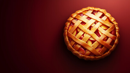 National Apple Pie Day, artistic banner with dark red to glowing gold gradient, minimalist lines forming apple pie with soft light effect