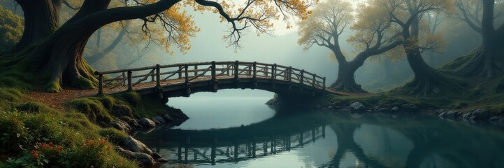 Rustic wooden bridge over a misty river, gnarled branches and vines, weathered, overgrown