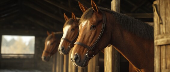 Three beautiful horses in a rustic stable during the late afternoon light
