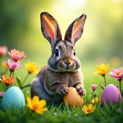 Easter-themed ears with hidden eggs amidst blooming wildflowers and lush greenery, colorful flowers, natural beauty, easter eggs