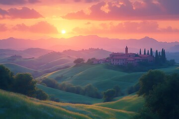 Serene sunset over rolling hills with a quaint village, showcasing nature's beauty and tranquility