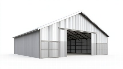 Fototapeta premium Industrial Steel Structure: A modern metal building stands ready. Its sturdy steel frame and corrugated iron panels embody the essence of industrial design and functionality.