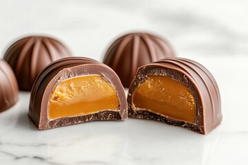  caramel-filled chocolate cut in half.